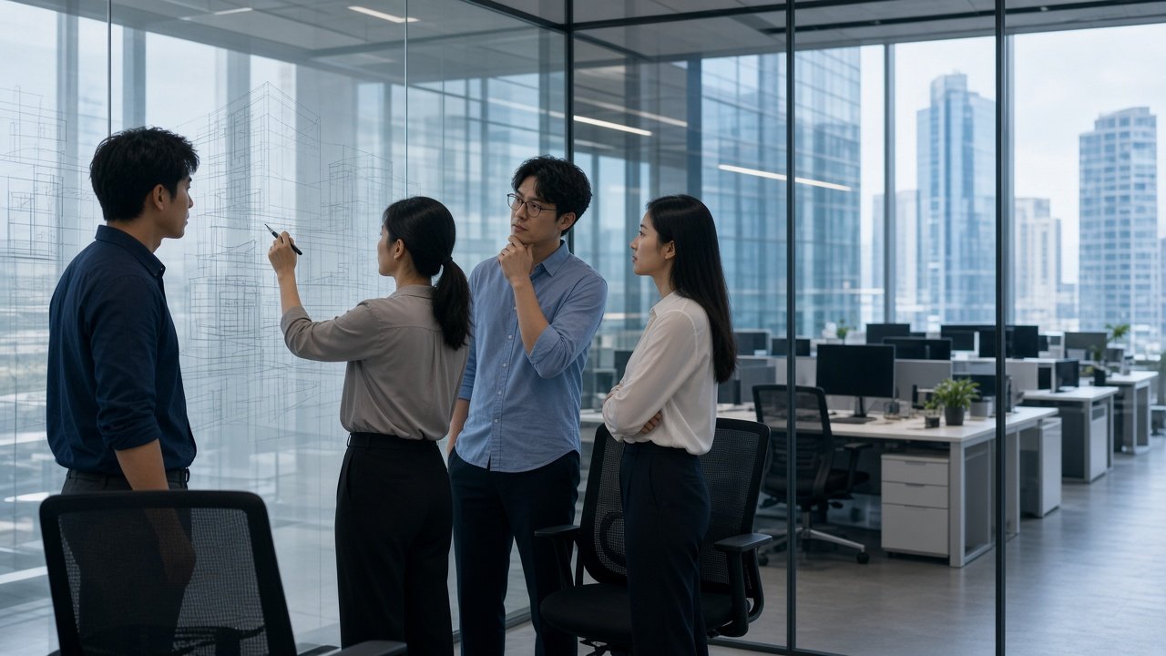软件研发的 AI 员工在玻璃工位区前讨论架构